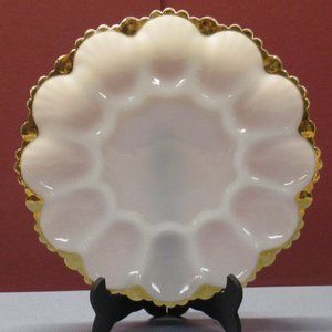 Vtg AH Milk Glass Deviled Egg Dish Gold Trim